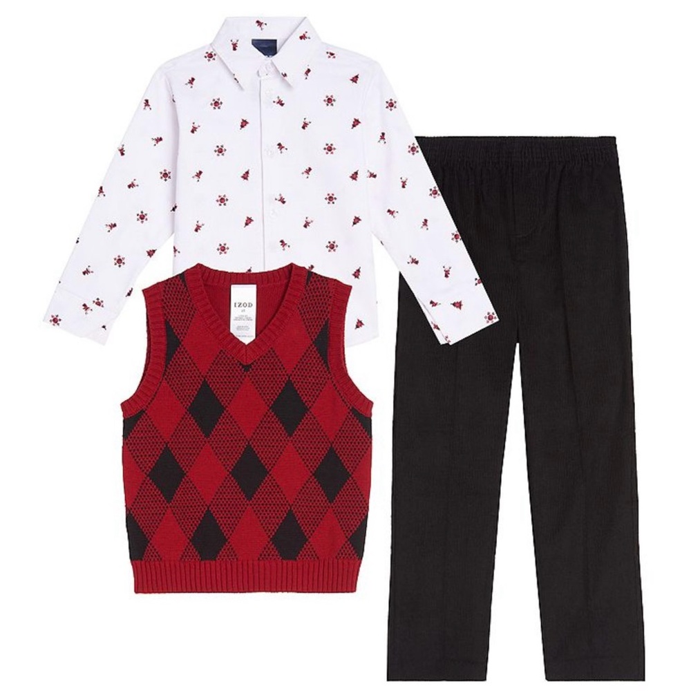 Izod Red and Black Argyle Vest with Patterned White Shirt and Black Pants